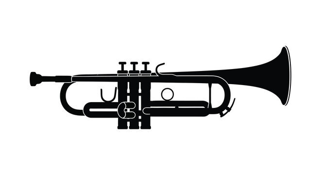 A detailed black silhouette of a brass trumpet instrument