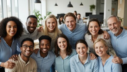 Obraz premium Diverse group of happy office colleagues smiling and embracing while posing for a team portrait in a bright modern workspace