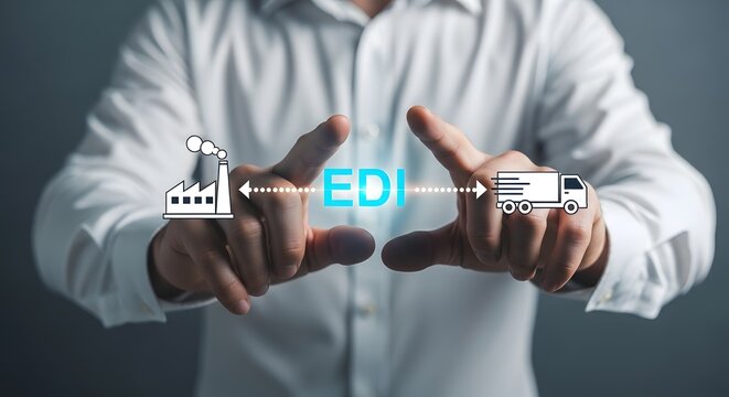 A man holds an EDI concept with factory and truck icons symbolizing electronic data interchange in modern logistics