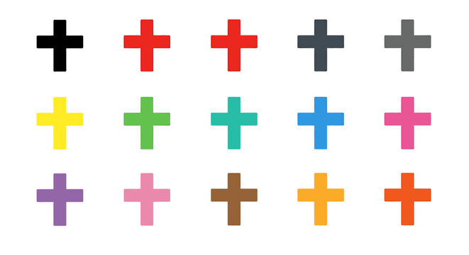 A grid of fifteen colorful cross symbols, each in a distinct hue, against a plain white background, showcasing a variety of shades.