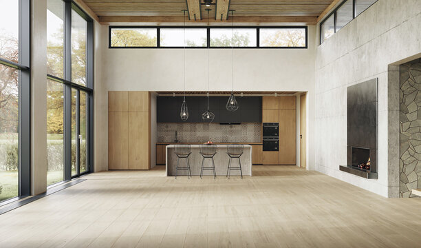 Spacious contemporary living room with double-height ceilings, 3d render