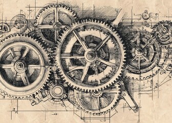 Naklejka premium Intricate hand-drawn gears and cogs interlocked on a vintage engineering blueprint, showcasing detailed mechanical design and industrial schematics