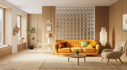 Scandinavian Living Room with Glass Block Wall, 3d render