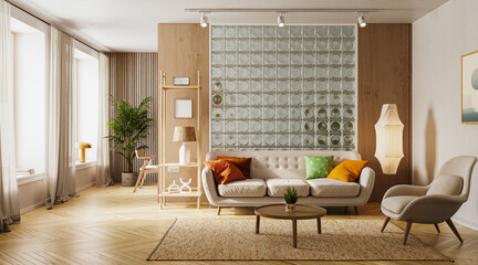 Scandinavian Living Room with Glass Block Wall, 3d render
