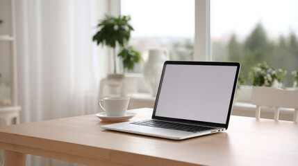Fototapeta premium Laptop mock up with blank screen on wooden table beside a cup of coffee in a bright, modern home office setting with plants