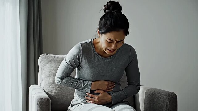 Woman experiencing stomach pain or discomfort.