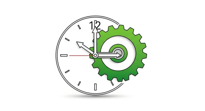 Clock with green gear time concept business productivity symbol efficiency and organization gear turning at 10 o'clock