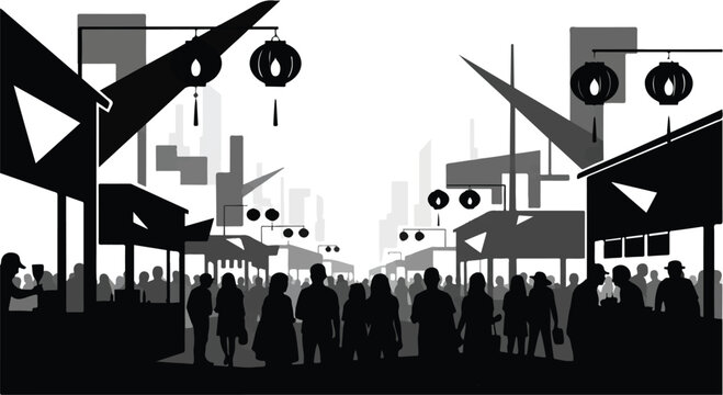 Vibrant street market scene with diverse crowd and stylized architectural elements