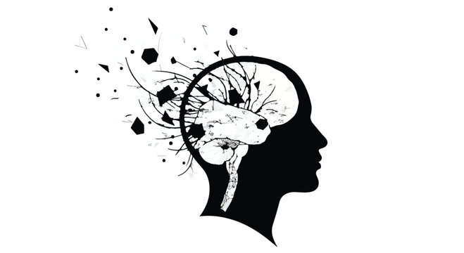 Silhouette of a human head with abstract elements bursting from the brain, symbolizing thought or mental breakdown.