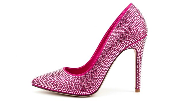 Pink stiletto high heel shoe covered in sparkling rhinestones on white background fashion and style concept