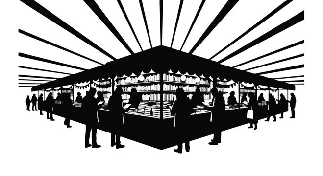 Silhouetted shoppers browse a bustling marketplace with bright overhead lights creating a dynamic perspective.