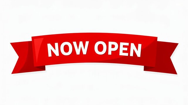 Red now open ribbon banner for business promotion and announcement on white background
