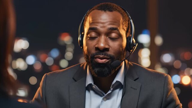In a lively city atmosphere, a man in a suit converses attentively, wearing a headset. The bright urban skyline glows behind him, capturing the essence of modern professional interactions.
