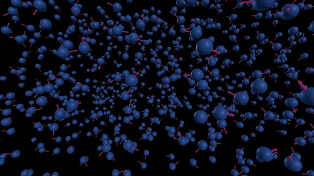 Kinetic Particle Simulation of Blue Spheres with Red Motion Vectors