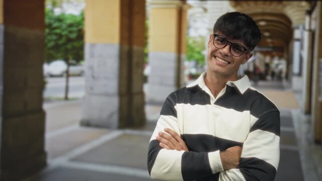 Young hispanic man wearing striped collared shirt and glasses, arms crossed and smiling in a street colonnade with stone arches and sidewalk; confidence.