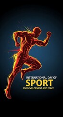 Obraz premium International day of sport for development and peace poster with a muscular man running