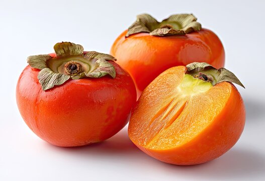 Vibrant Orange Persimmons Freshly Harvested on a White Background.