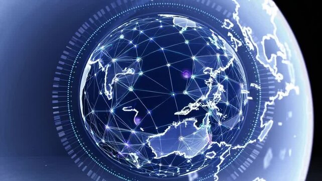Glowing network nodes on blue globe, realtime connectivity visualization with pulsing links and radial HUD rings, animated data flow and secure channel markers, futuristic telecom and cloud networking