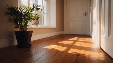 Naklejka premium Warm sunlight illuminates a polished wooden floor in a bright plant filled home entryway with a white door