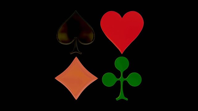 Rotating glossy playing card suits symbols arranged in two vertical rows on black background. Loop animation featuring heart, spade, diamond, and club icons, casino and gambling concept, minimal 3D de