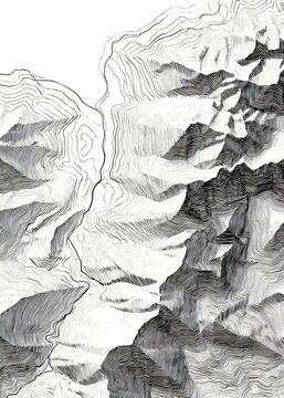 Detailed contour map illustration of rugged mountainous terrain with a river flowing through a valley