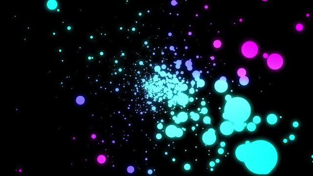 Long 3d animation of abstract glowing blue and magenta purple balls in black space. Camera shake and move around