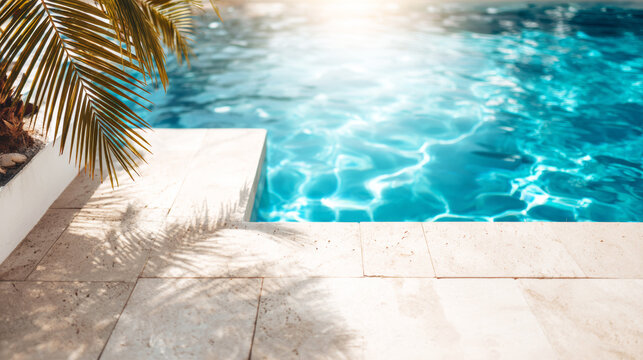 Relaxing by an inviting clear blue swimming pool, sun illuminating rippling water textures and warm travertine coping