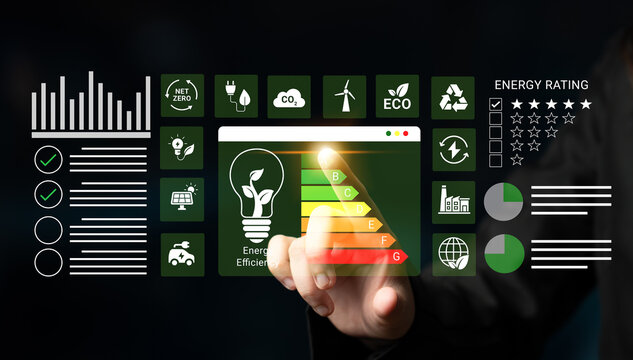 Modern dashboard showcasing energy efficiency metrics with interactive elements, graphs, icons, and ratings for sustainable solutions and eco-friendly initiatives. Ledger