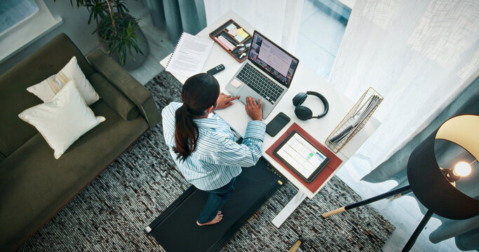 Woman, treadmill or typing with laptop on standing desk above for productive day in home. Top view, female person or freelancer with computer, documents or tablet on walking pad for remote work
