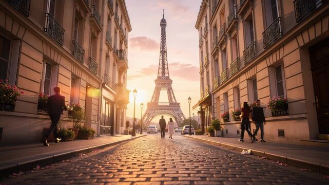 Romantic Paris street scene with Eiffel Tower at sunset and people walking on cobblestone road