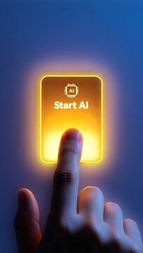 Futuristic AI Start Button with Human Touch Interface and Glowing Digital UI