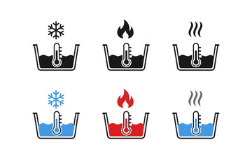 Set of icons illustrating different temperature indications cold snowflake, hot flame, and warm steam, applied to a thermometer in a liquid container
