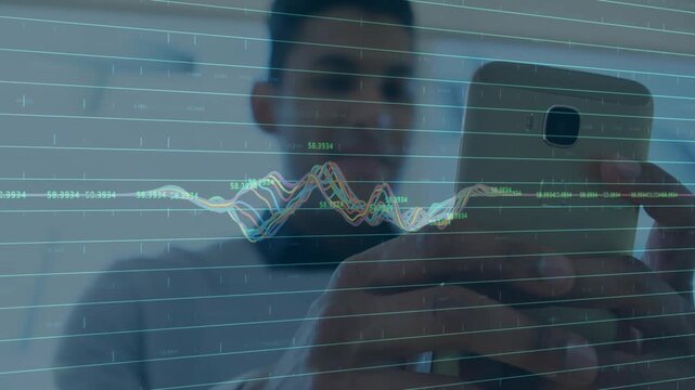Man holding phone adjusting grip while finger tap triggers waveform animating to show audio