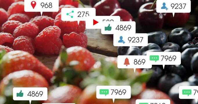 Berry cluster on wood tabletop, callouts appearing over berries and growing, showing social stats
