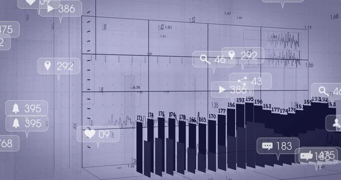 Blueprint 3D bar chart growing and clustering with social bubbles on panel reveal, showing growth
