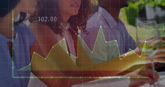 Woman and diners sitting at table, food overlay chart starting low, showing trends and wine glasses