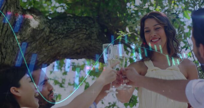 Woman stepping up starting toast, group raising flutes under tree as candlestick flowing for gains