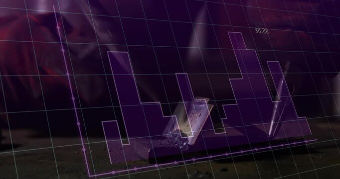 Tester in red jacket hammering phone during device test, overlaying purple graph tracing impacts