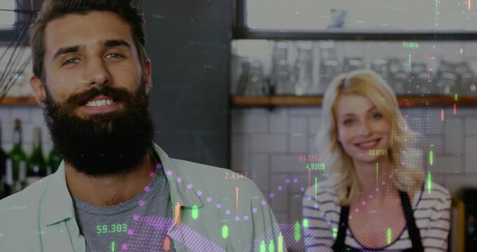 Bearded man stepping and smiling after woman speaking at counter, finance overlays showing growth