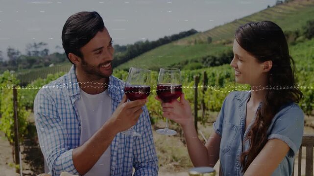 After eye contact man and woman clinking red wine glasses in vineyard tasting, marking toast