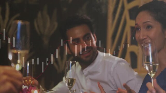 Team raising flutes, celebrating meal for events, bearded man initiating toast as overlay scrolling