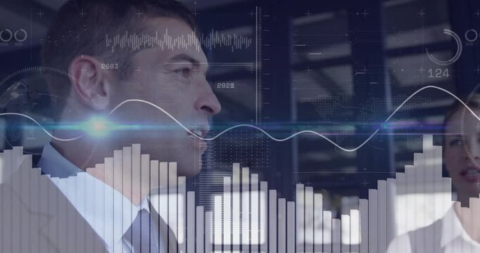Man speaking sparking charts rising while two women stepping and gesturing, discussing metrics
