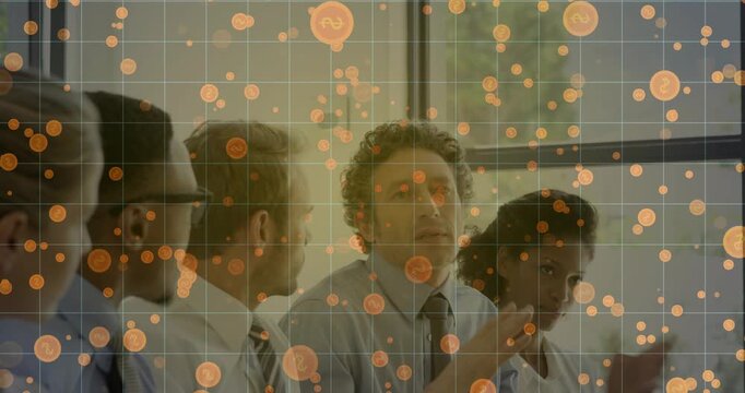 Five biz pros, central man raising hand for speaker, team applauding as grid orange petals overlay