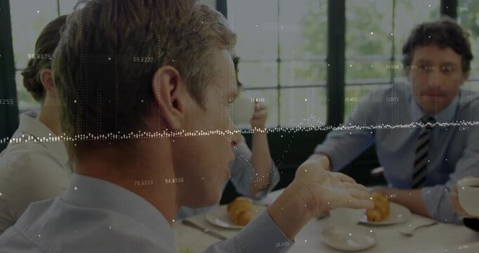 Speaker starting business meeting right-hand gesturing while waveform sweeping over faces and cups