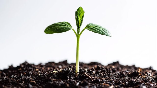 a small green sprout growing from a mound of dark soil on a pure white background