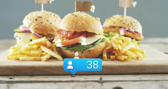 Blue badge updating, revealing 3 sliders and fries as user icons floating, driving food sales