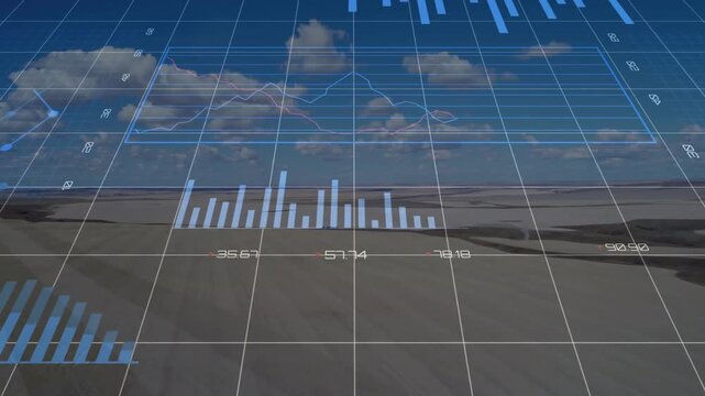 On playback holographic dashboard animating over shoreline, pulsing bars rotating pies showing data