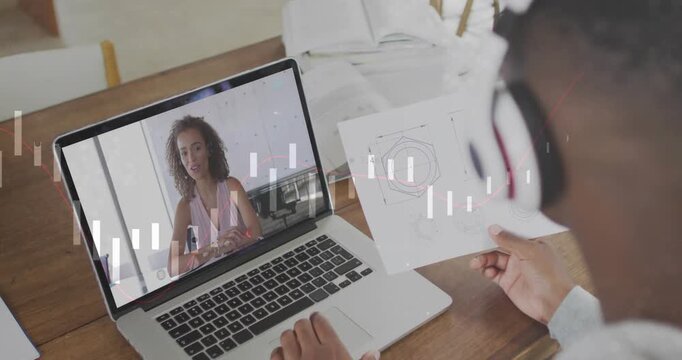 Call man with phones holding sketch tapping laptop while host reviewing design graphic bars overlay