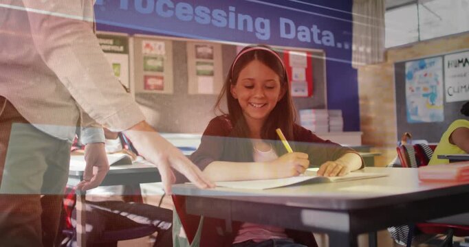 Teacher leaning in classroom helping student, causing Processing as girl writing with yellow pencil