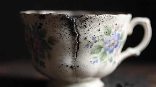 Cracked Teacup Covered in Soot &ndash; Close-Up Post-Disaster